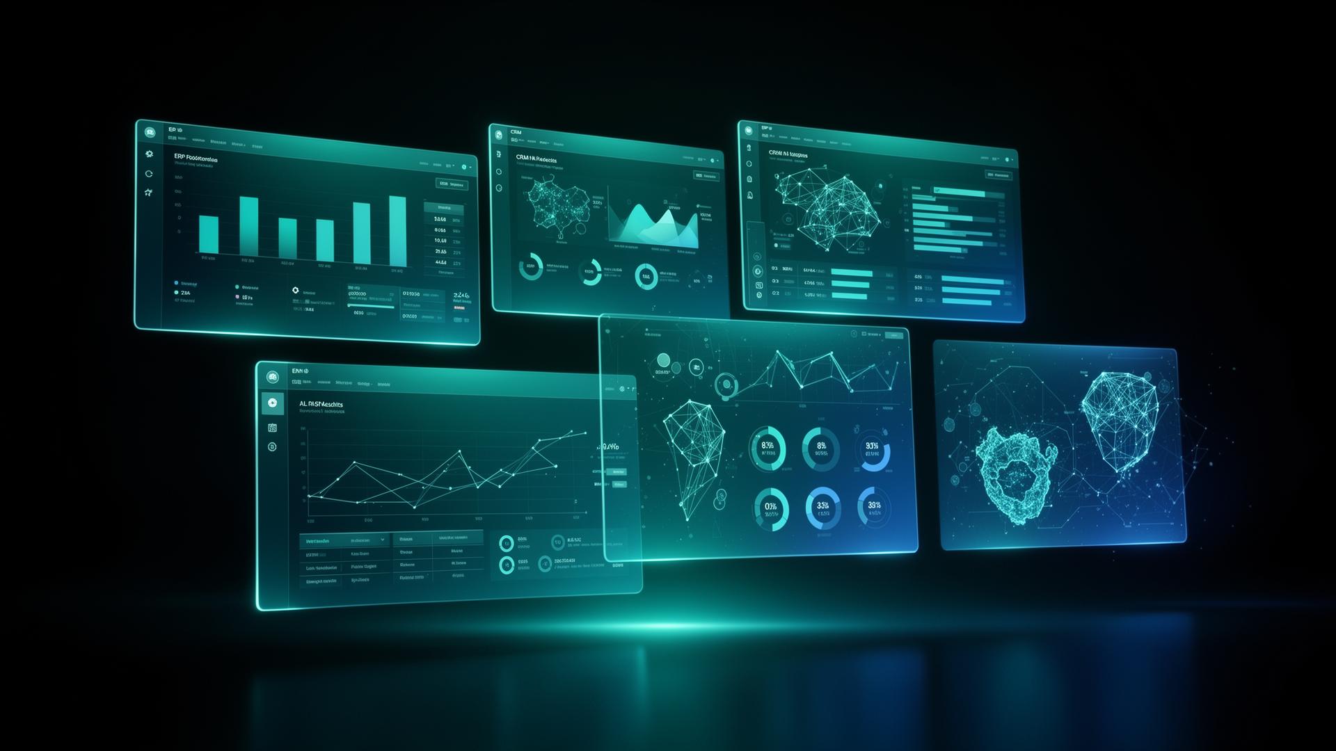 Premium enterprise dashboard interfaces showing ERP, CRM and AI analytics